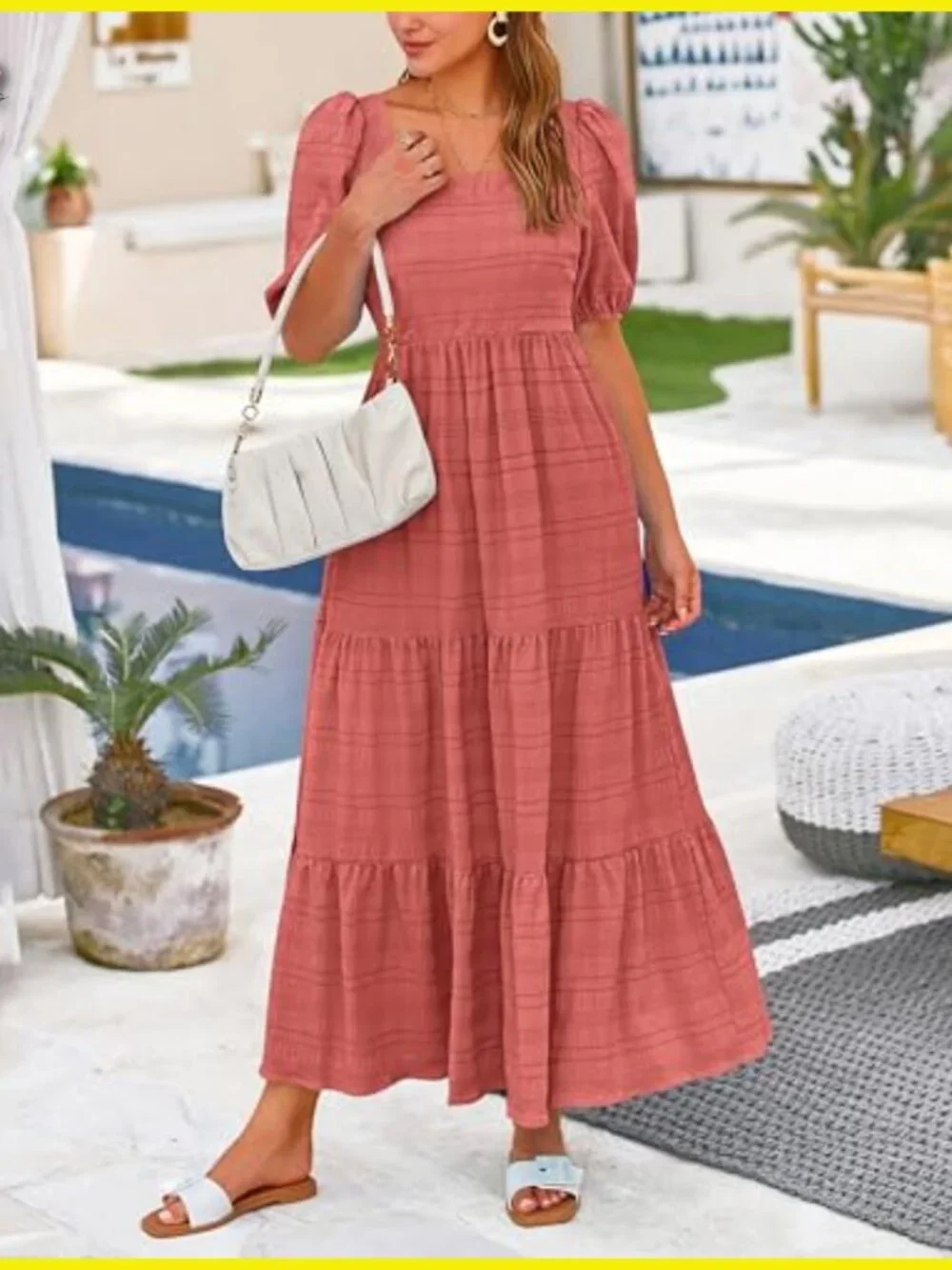 Puff Sleeve Square Neck Smocked A-Line Midi Dress Flowy Boho Chic - Picture 2 of 7